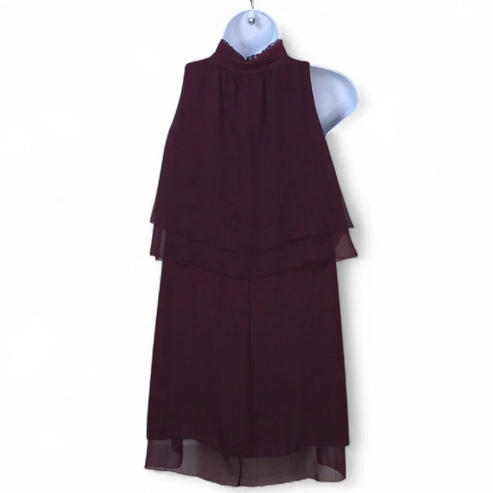 WHBM Burgundy Layered Chiffon Blouse Size 6 Sleeveless Keyhole Ruffle Top